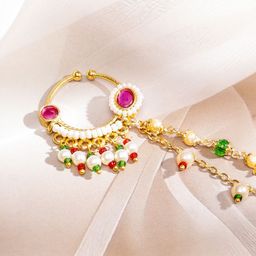Rubans 18K Gold-Plated Ruby Kundan Studded Multi-Colour Pearl Bead Triple-Layer Chain Nath image 3