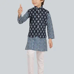 Ethniks Neu-Ron Boys Cotton Striped Long Sleeve Kurta with Jacket and Pyjama Set-37