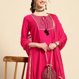 Sangria Women Magenta Embroidered Regular Kurta with Trousers & With Dupatta-56