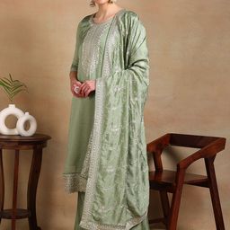 AHIKA Yoke Design Regular Thread Work Kurta with Trousers & Dupatta image 4