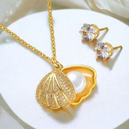 LUCKY JEWELLERY Gold Plated American Diamond Pendant & Chain With Earrings-image-3