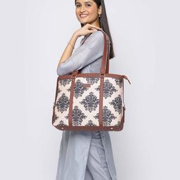 ZOUK Beige Ethnic Mughal Motif Printed Vegan Leather 16 Inch Laptop Bag-42