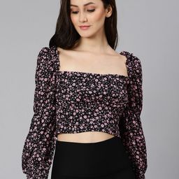 Oxolloxo Women Black & Pink Floral Printed Smocked Crop Top-image-70