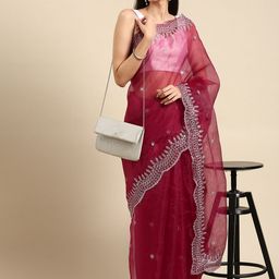 Anouk Maroon & Golden Sequinned & Woven Design Organza Saree-11