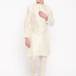 MAG Men Cream-Coloured & Charcoal Grey Solid Kurta with Churidar & Nehru Jacket image 2