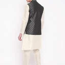 MAG Men Cream-Coloured & Charcoal Grey Solid Kurta with Churidar & Nehru Jacket image 3