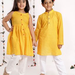 VASTRAMAY Boys Mustard Yellow Pure Cotton Handloom Kurta with Trousers-11