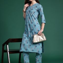 Indo Era Floral Printed Regular Pure Cotton Kurta with Trousers-32