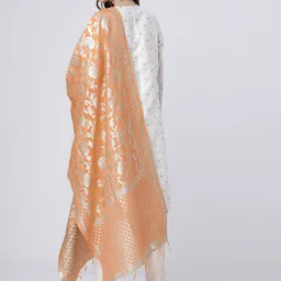 Vishudh Peach-Coloured & Silver-Coloured Woven Design Dupatta image 4