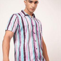 HIGHLANDER Men Teal Slim Fit Striped Casual Shirt-image-73