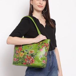 KLEIO Green & Pink Floral Printed Structured Tote Bag-image-0