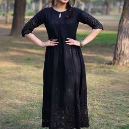 Libas Black Embroidered Ethnic Motifs A-Line Dress-17