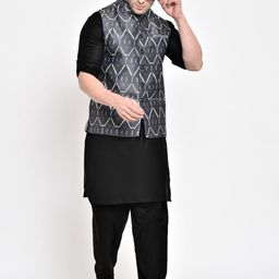 Hangup Men Charcoal Grey & White Printed Nehru Jacket image 5