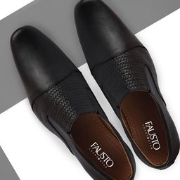 FAUSTO Men Black Textured Leather Formal Slip Ons-image-16