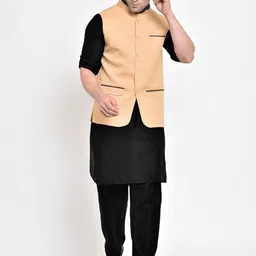Hangup Men Beige Solid  Nehru Jacket image 3