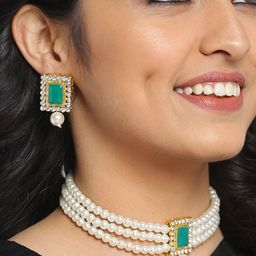 Shining Diva Green & White Stone Studded & Pearl Embellished Antique Jewellery Set-image-99