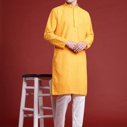 MANQ Men Floral Embroidered Chikankari Pure Cotton Kurta with Pyjamas-picture-43