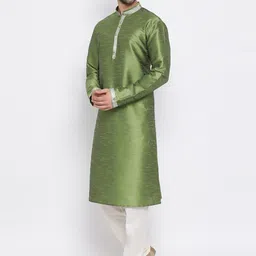 VASTRAMAY Men Green Regular Kurta with Churidar & Nehru Jacket image 5