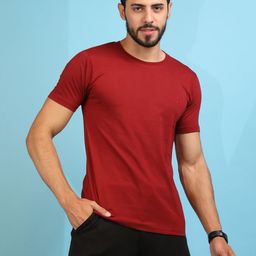 CHKOKKO Men Maroon Solid Round Neck T-shirt-image-73