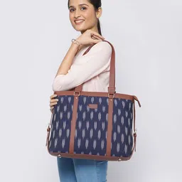 ZOUK Teal Blue & Off-White Ikat Printed Handcrafted 16 Inch Laptop Sustainable Shoulder Bag-23