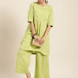 Sangria Women Green & White Embroidered Pure Cotton Asymmetric Kurta with Palazzos-55