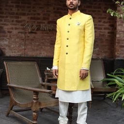 KISAH Men Yellow & White Woven Design Sherwani-image-96