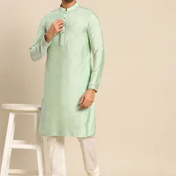 KISAH Men Sea Green & White Yoke Design Mirror Work Kurta with Churidar-image-47