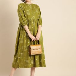 Anouk Women Green & White Printed Ethnic A-Line Midi Dress-43