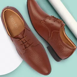 FAUSTO Men Tan Solid Leather Formal Derbys-picture-37