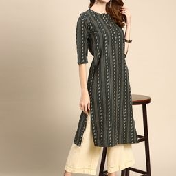 Anouk Women Charcoal Grey Geometric Woven Design Kurta-image-44