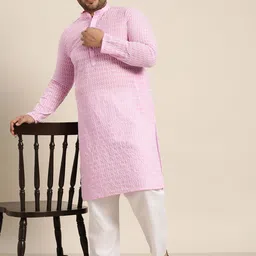 SOJANYA PLUS Men Plus Size Embroidered Regular Pure Cotton Kurta With Pyjamas image 3