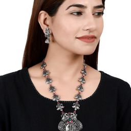 Silvermerc Designs Silver-Plated Green & Pink Stone-Studded Peacock-Shaped Goddess Laxmi Temple Jewellery Set-image-24