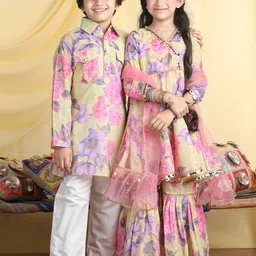 Cutiekins Girls Floral Printed Angrakha Gotta Patti Kurta with Sharara & With Dupatta-image-48