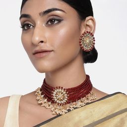 I Jewels Maroon Gold-Plated Pearl Kundan Studded & Beaded Choker Jewellery Set-image-77