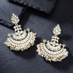 Peora White & Gold-Plated Handcrafted Kundan-Studded and Pearl-Beaded Chandbalis-picture-37