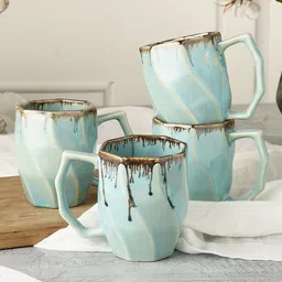 MIAH Decor 4 Pieces Teal Blue Printed Glossy Handmade Ceramic Cups Set-49