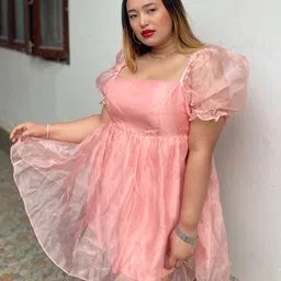 SASSAFRAS Women Peach-Coloured Solid Pleated Puff Sleeve Fit and Flare Dress-8