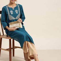 Sangria Women Teal Blue & Golden Ethnic Motifs Embroidered Sequinned Straight Kurta-image-20