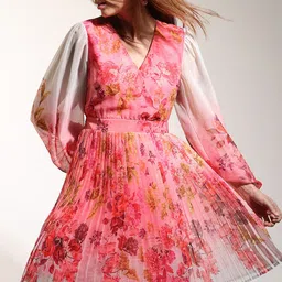 Vero Moda Floral Print Accordion Pleats Bishop Sleeves Fit & Flare Dress-picture-24