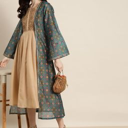 Shae by SASSAFRAS Women Teal Green & Maroon Patola Ethnic Longline Front Open Shrug-39