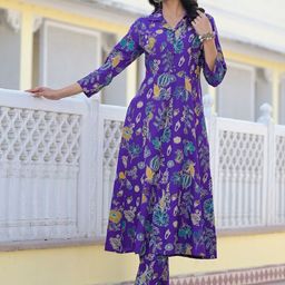 Stylum Voilet Floral Printed Shirt Collar Empire A Line Kurta with Trouser-34