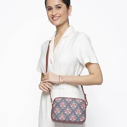 ZOUK Navy Blue Floral Printed Structured Sling Bag with Tasselled-4