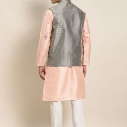 SOJANYA Men Peach-Coloured Mirror Work Kurta with Pyjamas & Nehru Jacket image 5