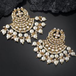 Peora Gold-Plated & White Handcrafted Kundan and Pearl Studded Crescent Shaped Chandbalis-11