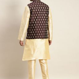 SOJANYA Men Golden Kurta with Pyjamas & Nehru Jacket image 2