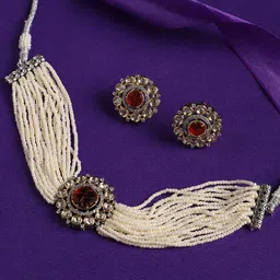 justpeachy Rhodium-Plated Stone Studded & Beaded Jewellery Set-7