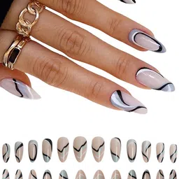 Secret Lives 24 Pcs Glossy Geometric Lines False Nails - White-37