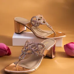 Inc 5 Women Rose Gold Embellished Ethnic Block Sandals-53