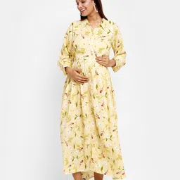 Mylo Cream-Coloured Floral Maternity A-Line Midi Dress-image-51