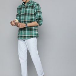 Mast & Harbour Men Green & White Slim Fit Checked Cotton Linen Casual Shirt-image-41